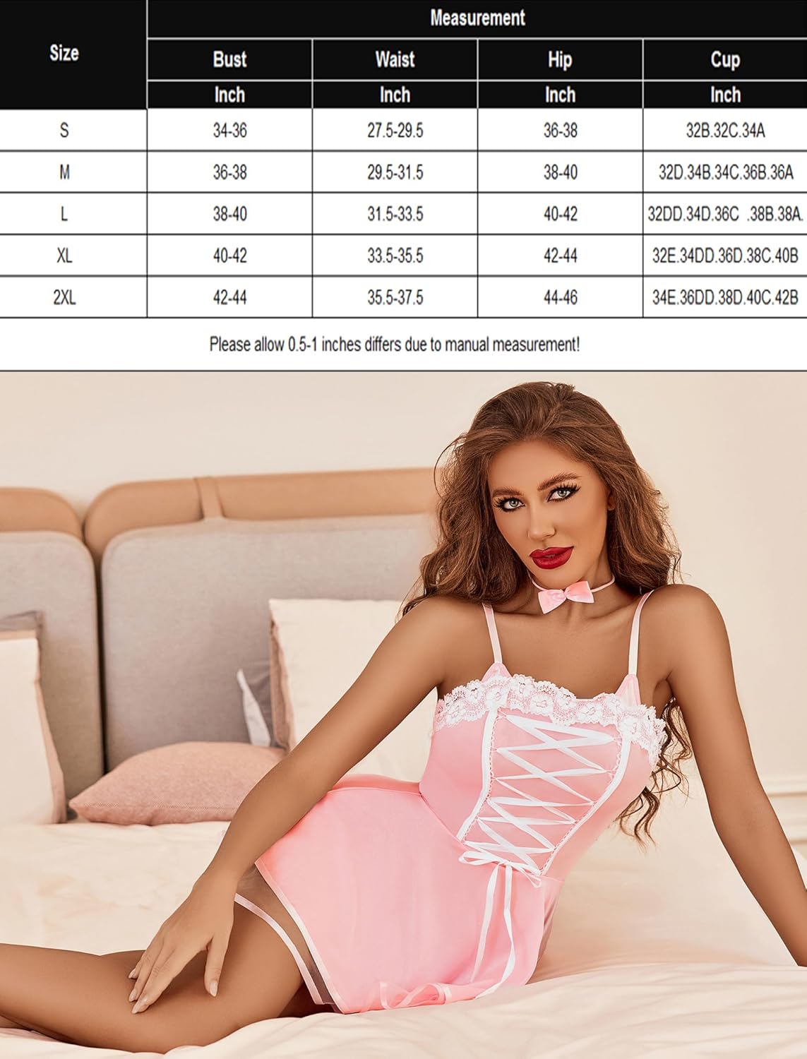 Pink maid roleplay lingerie, lace trim, size chart included, ideal for cosplay costumes