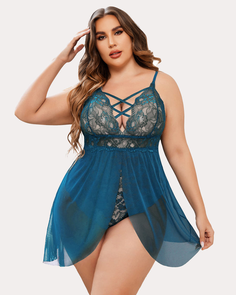 Plus Size Teal Babydoll Lingerie with Criss-Cross Lace Cups and Mesh Overlay