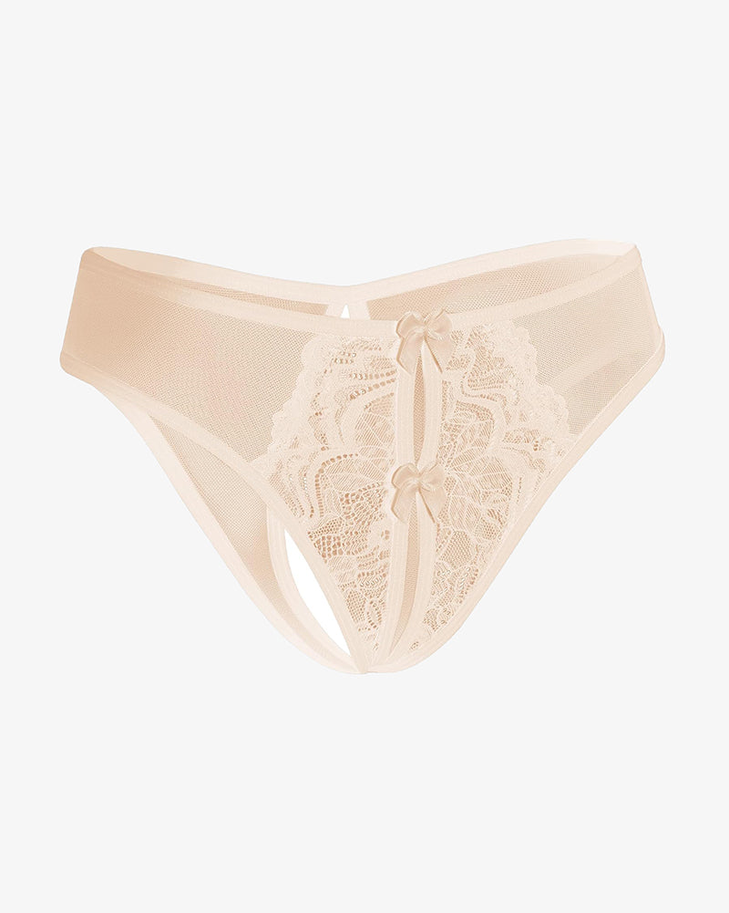 Beige mesh panties briefs with open crotch design, lace details, and bows - Sexy lingerie