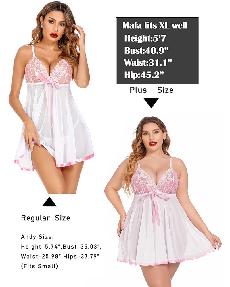 White babydoll lingerie with pink lace, plus and regular sizes displayed, perfect romantic gift.