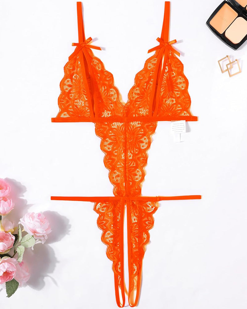 Orange lace bodysuit with open cup, backless design, and bow details. Sexy lingerie for a hot night.