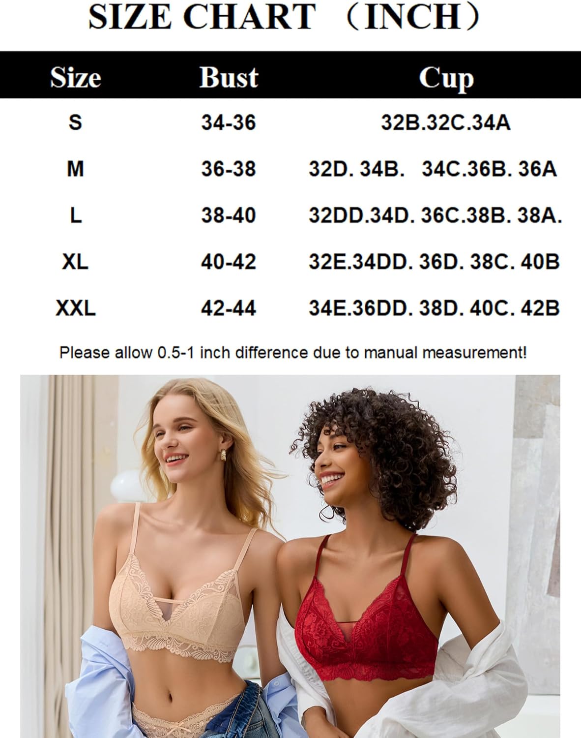 Lace bralette size chart with models in beige and red floral lace bralettes.