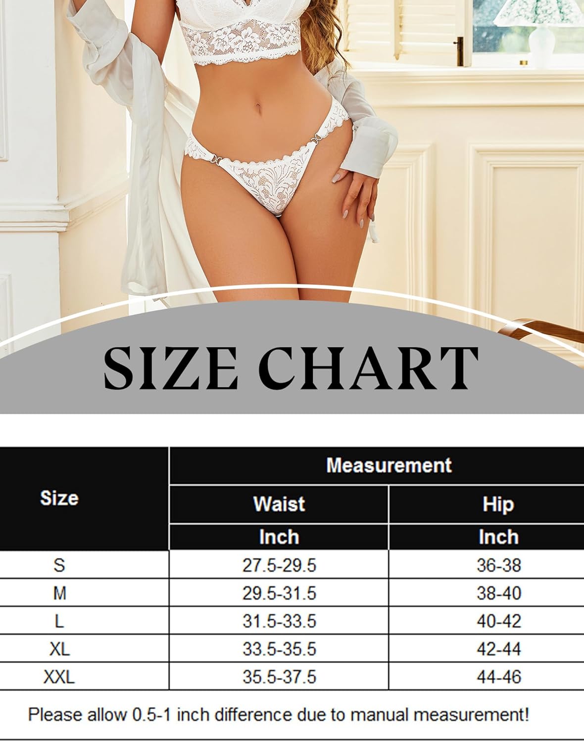 White lace low rise tanga cheeky underpants and size chart, soft and breathable, for confidence.