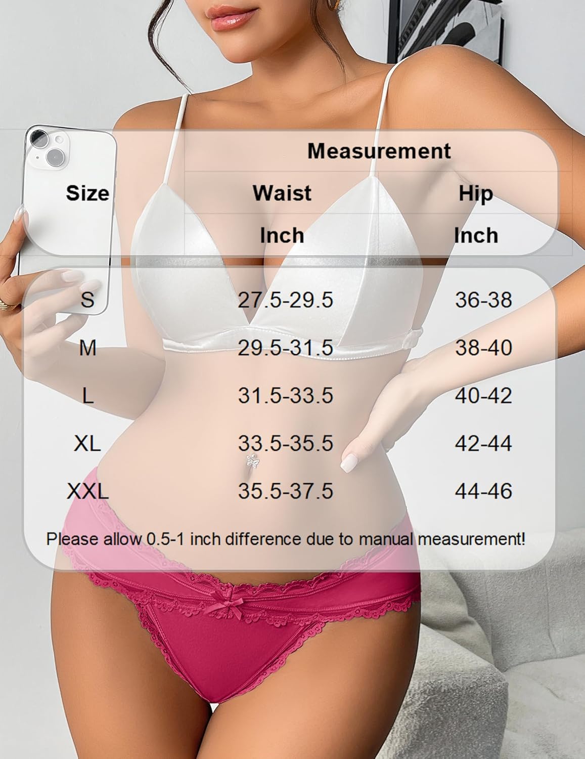Red cotton hipster panties with lace trim and size chart (S-XXL) for waist and hip measurements