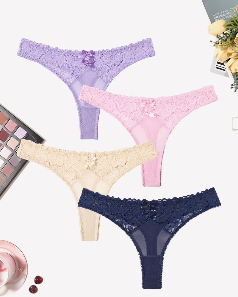 Mesh lace thongs, low waist panties in various colors with bow detail, elegant and confident.