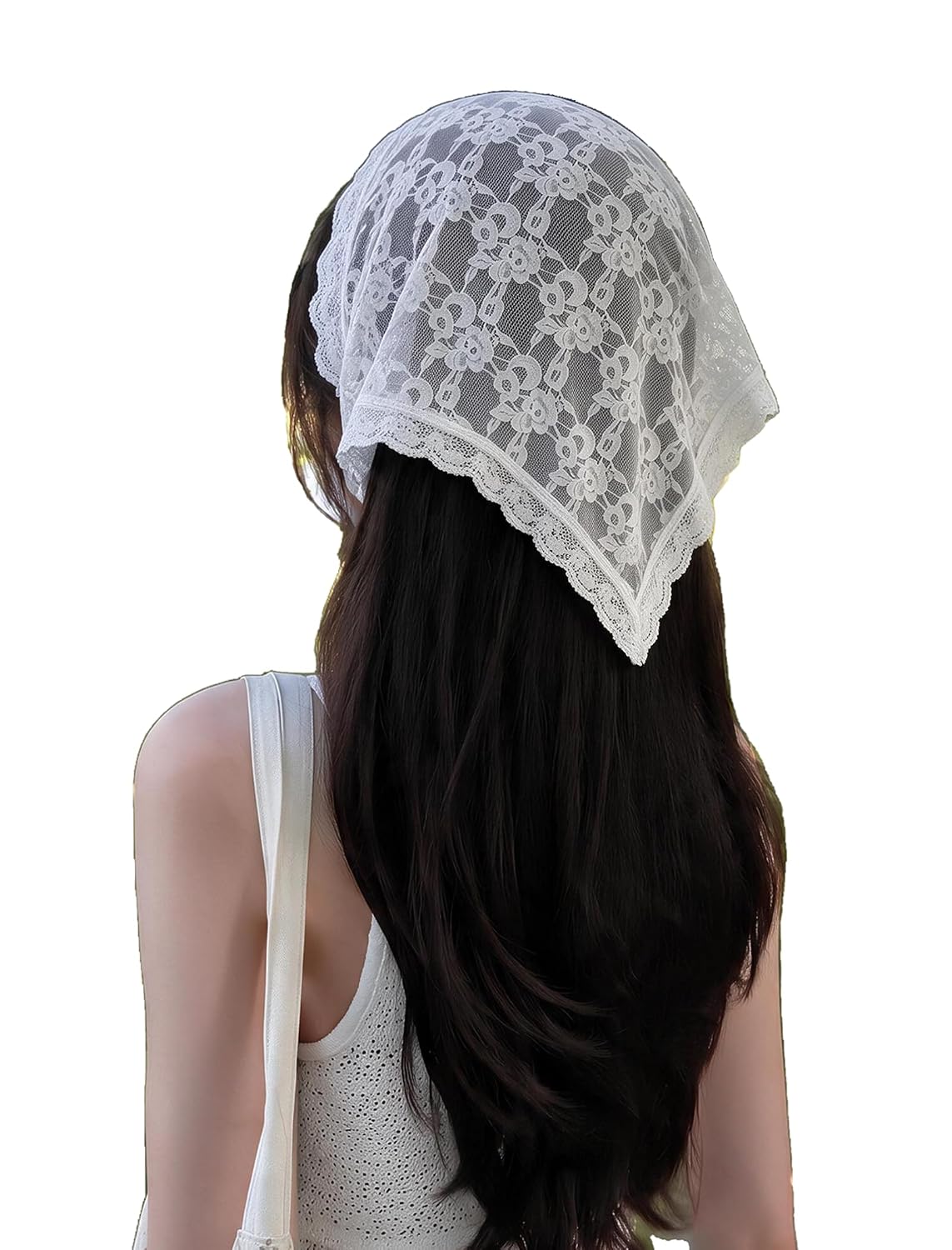 White lace triangle head scarf with scalloped edge, covering long hair
