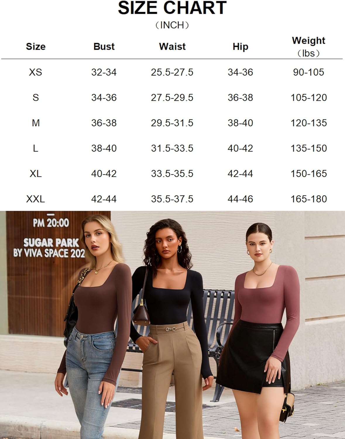 Square neck bodysuit models and size chart. Double-lined and stretchy; black, brown, mauve options.