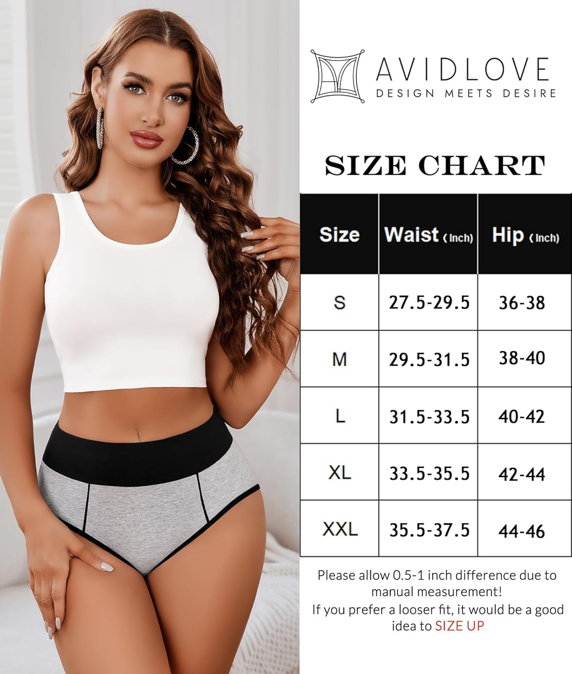 High-waist cotton hipster panties, size chart, comfortable fit, Avidlove.