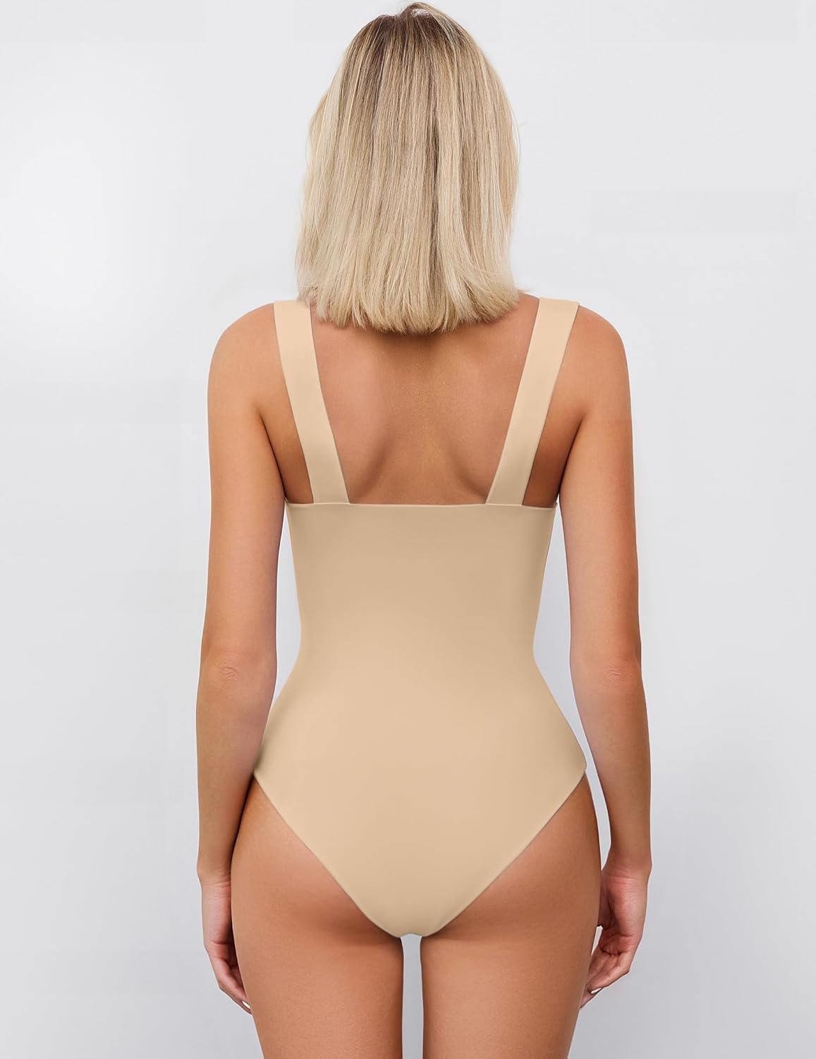 Beige sweetheart neck ruched bodysuit tank top, perfect for casual wear, showcasing the back view.