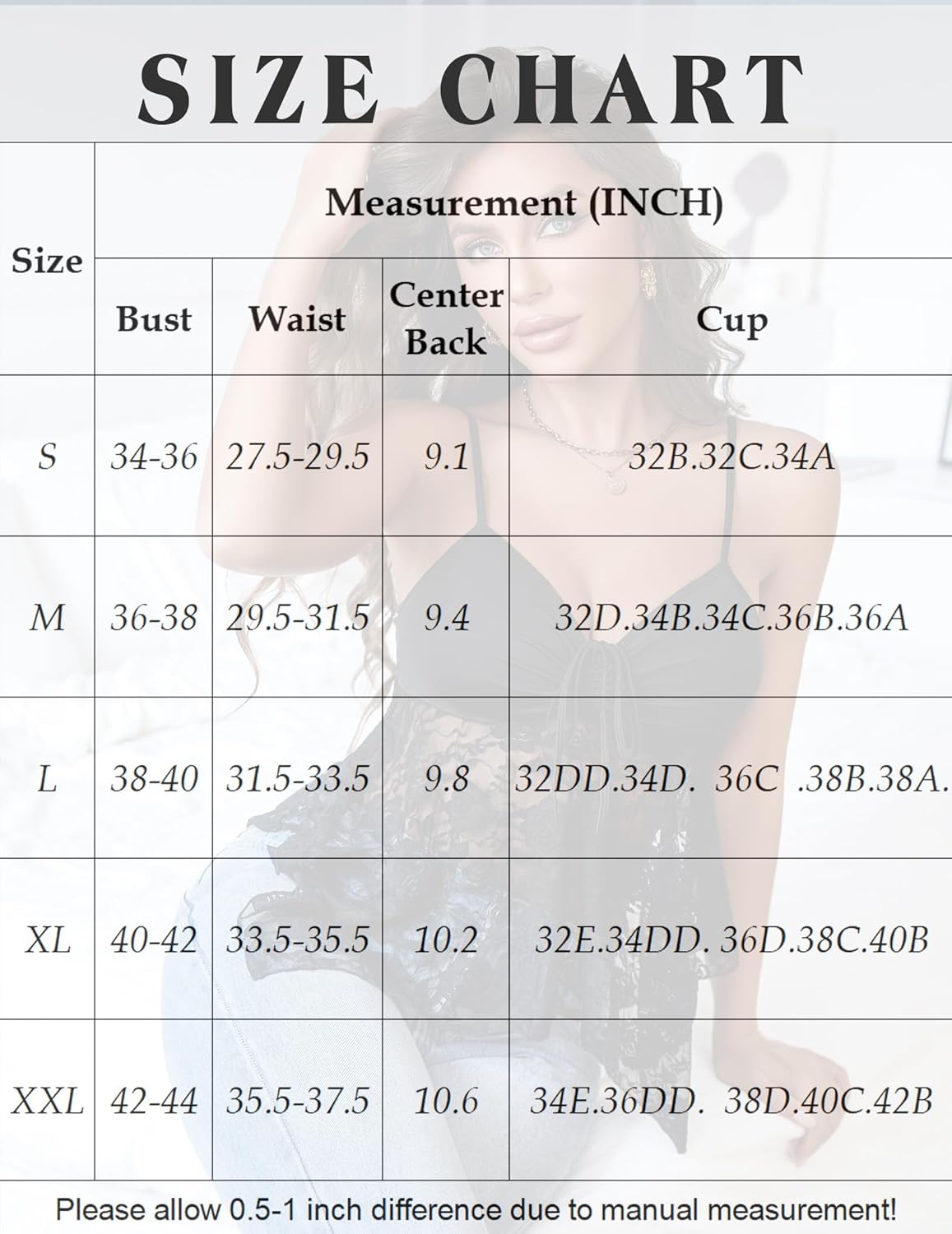 Camisole top size chart with bust, waist, and cup measurements for S to XXL sizes