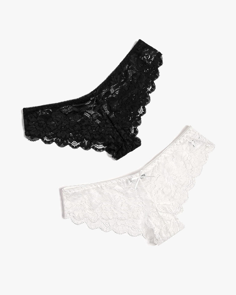 Black and white floral lace hipster panties with bow detail. Sheer, comfortable and stylish.