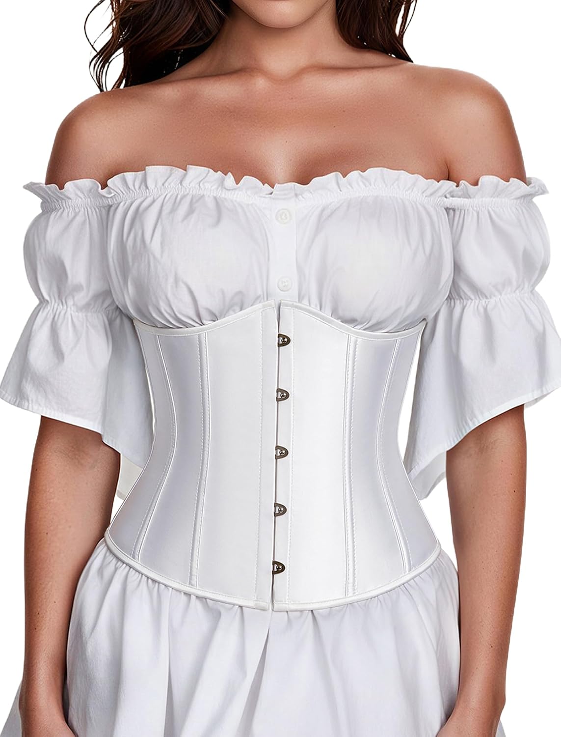 White underbust corset top with button front and white off-shoulder ruffle sleeves