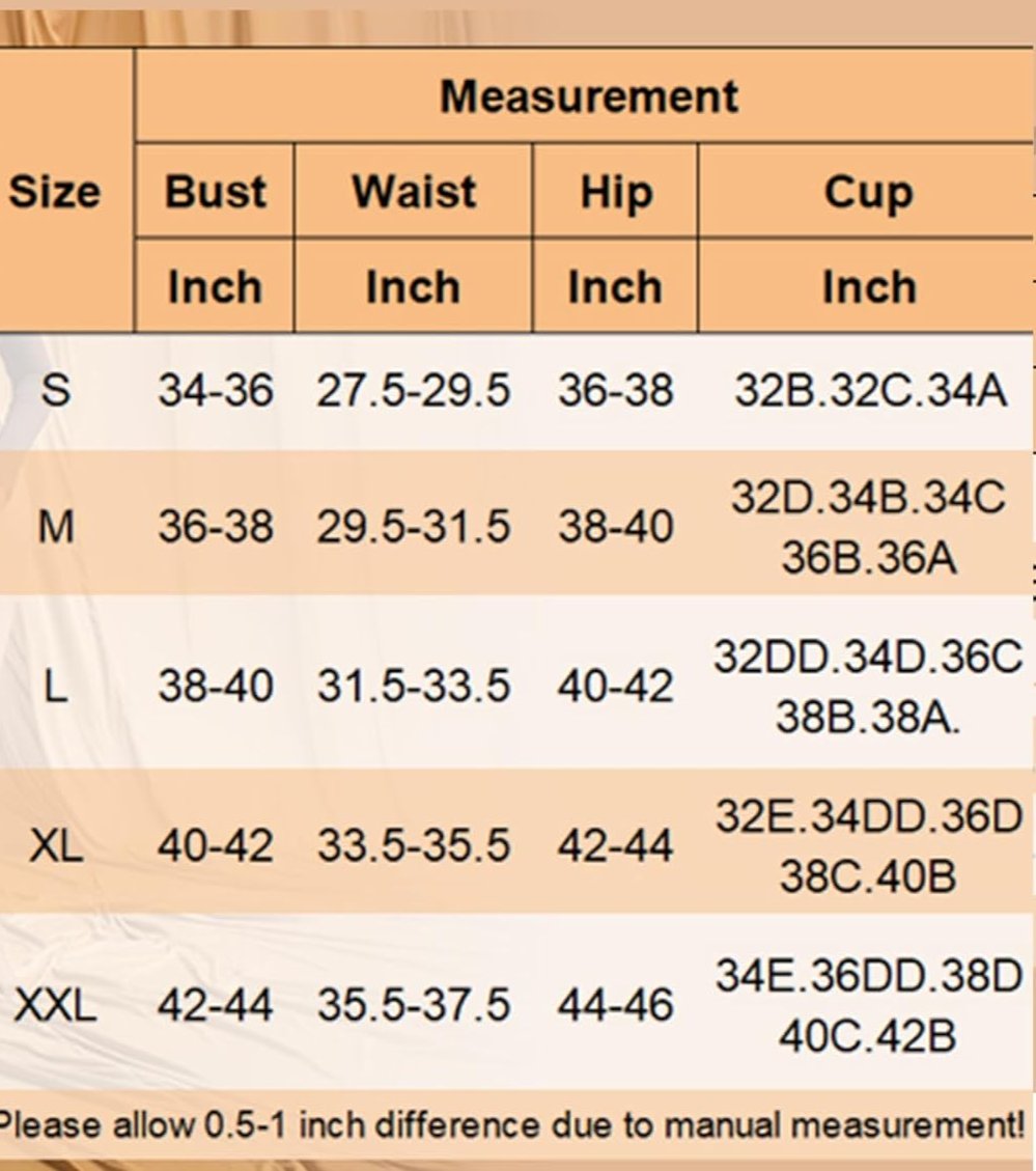 Size chart for square neck shapewear bodysuit, bust, waist, hip, cup measurements for sizes S-XXL.