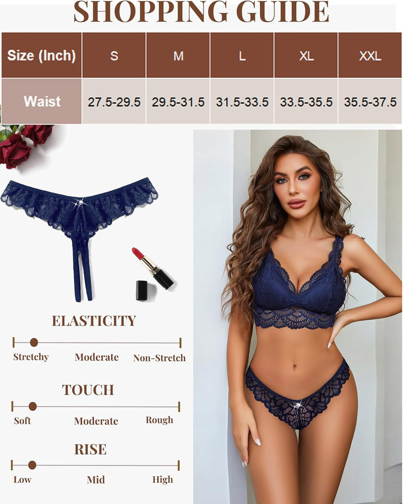 Navy lace lingerie set with criss-cross thong, size chart, and model wearing the set.
