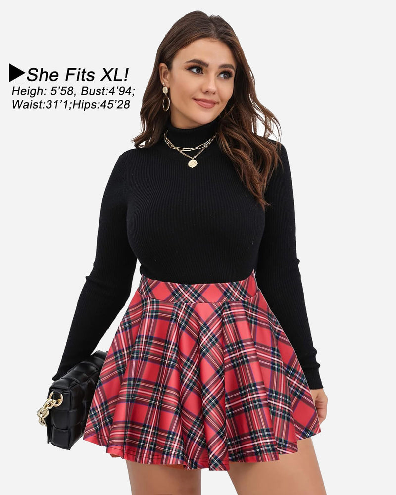 Red plaid A-line mini skirt; schoolgirl style, comfortable fit for XL size, with measurements