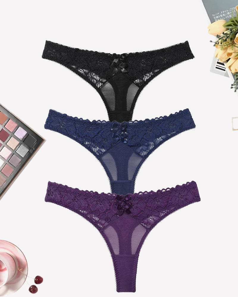 Low waist mesh lace thongs in black, navy, and purple with bow detail, elegant lingerie.