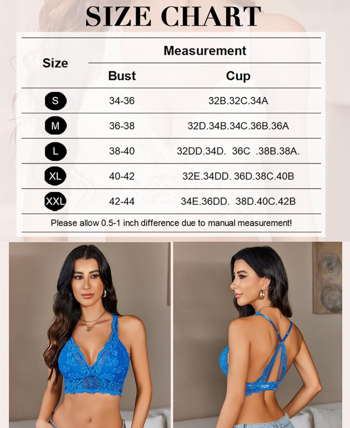 Size chart for lace bralettes with bust and cup measurements, model wearing blue lace bralette.