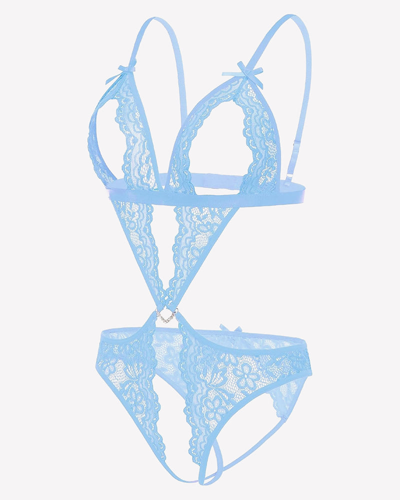 Light blue lace deep V teddy bodysuit for wedding night, featuring plunging neckline and open sides.