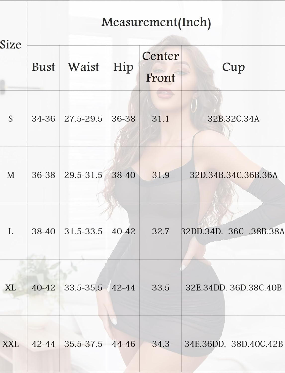 Sheer mesh lingerie dress size chart: bust, waist, hip, and cup measurements in inches.