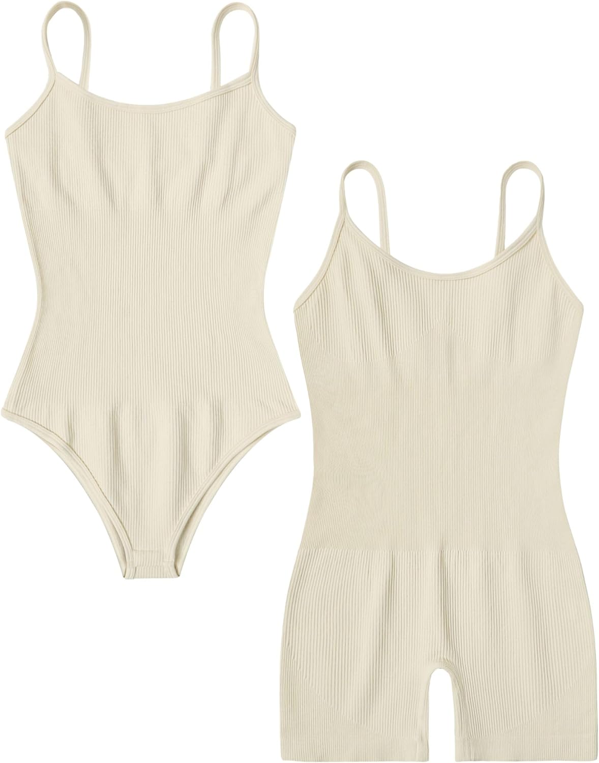 Cream ribbed shapewear romper and bodysuit. Tummy control, seamless design. Comfortable, daily wear.