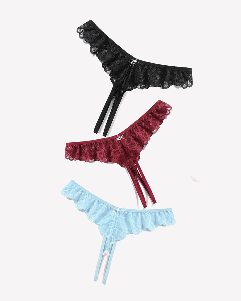 Lace thong briefs in black, burgundy, and light blue with criss-cross design and rhinestone details