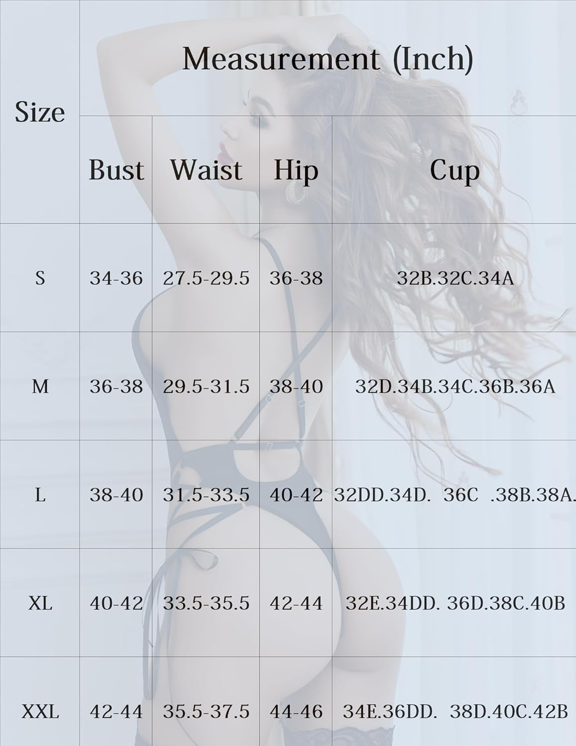 Lace bodysuit lingerie size chart: bust, waist, hip, and cup measurements for sizes S to XXL.