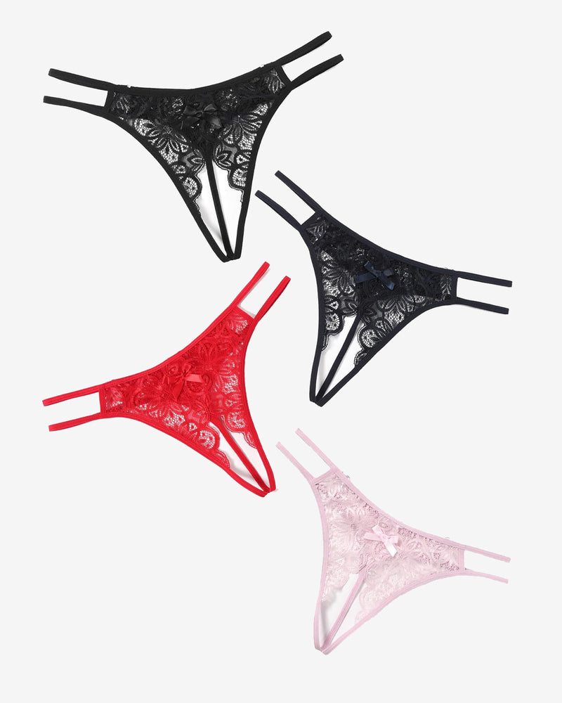 Floral lace briefs with cute bow in black, red, and pink. Sexy, low-rise design.