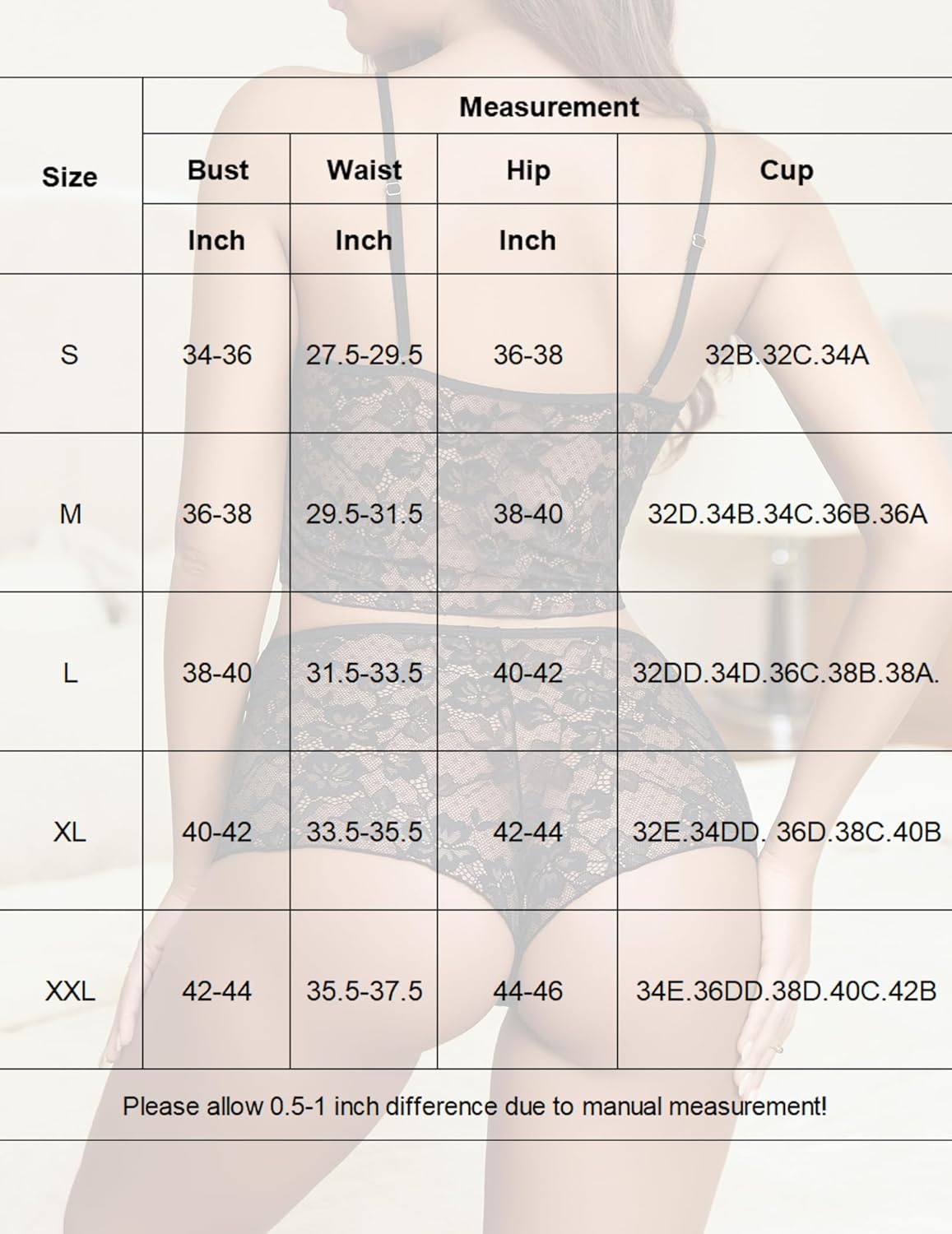 Sheer lace bralette set size chart: bust, waist, hip, and cup measurements for sizes S-XXL