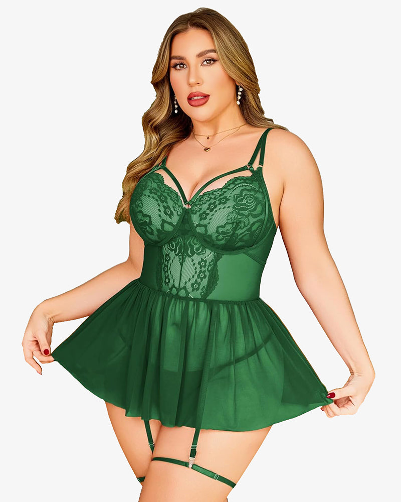 Plus Size Green Lace Babydoll Lingerie Set with Garter Belt, Adjustable Straps