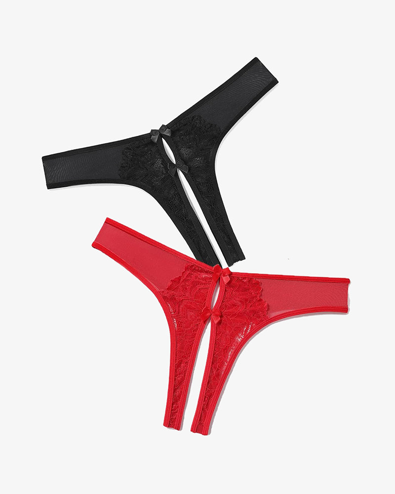 Mesh panties briefs with cute bows in black and red, featuring lace and mesh, designed for charm.