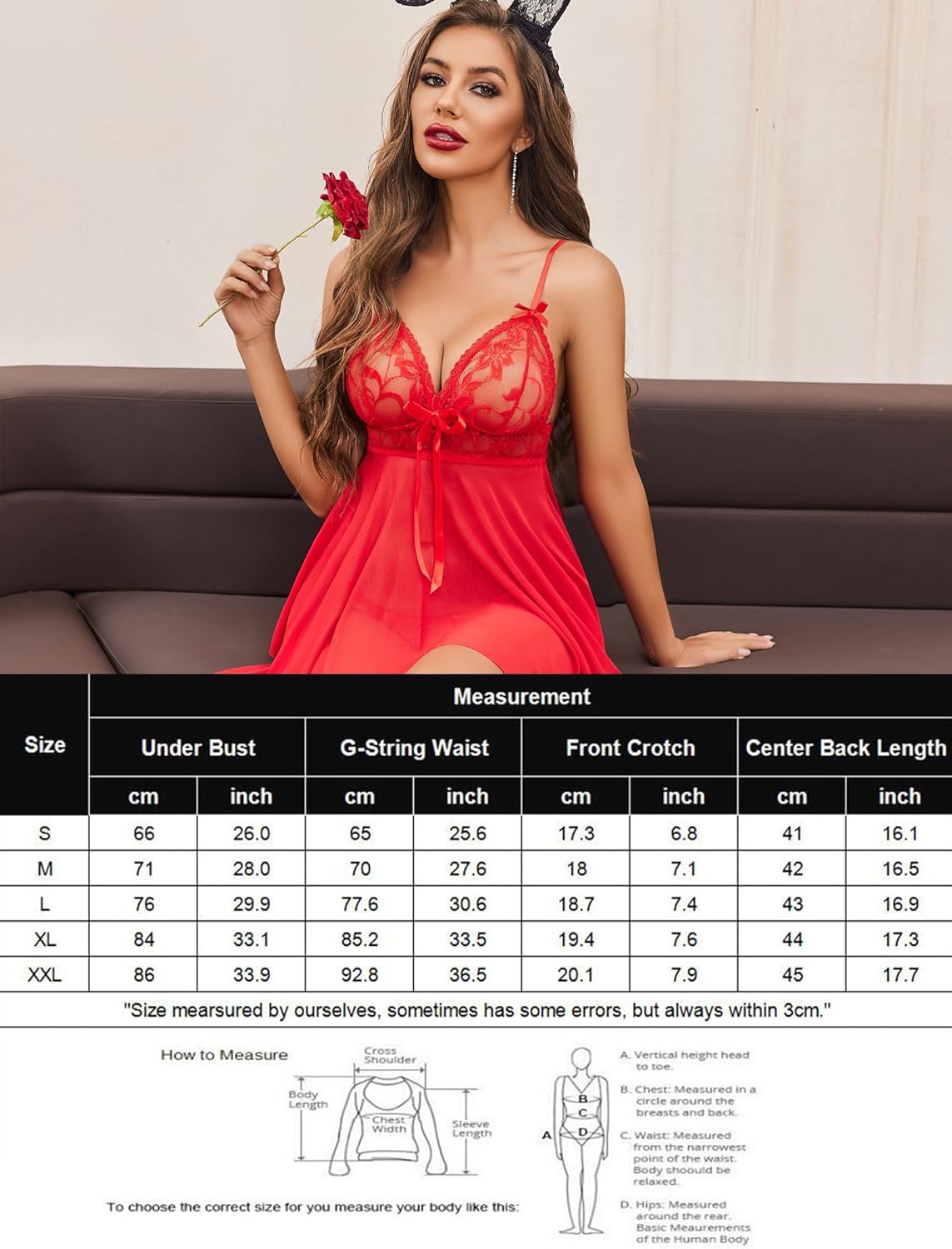 Red lace babydoll lingerie with V-neck, floral lace, bow, and asymmetrical hem; size chart.