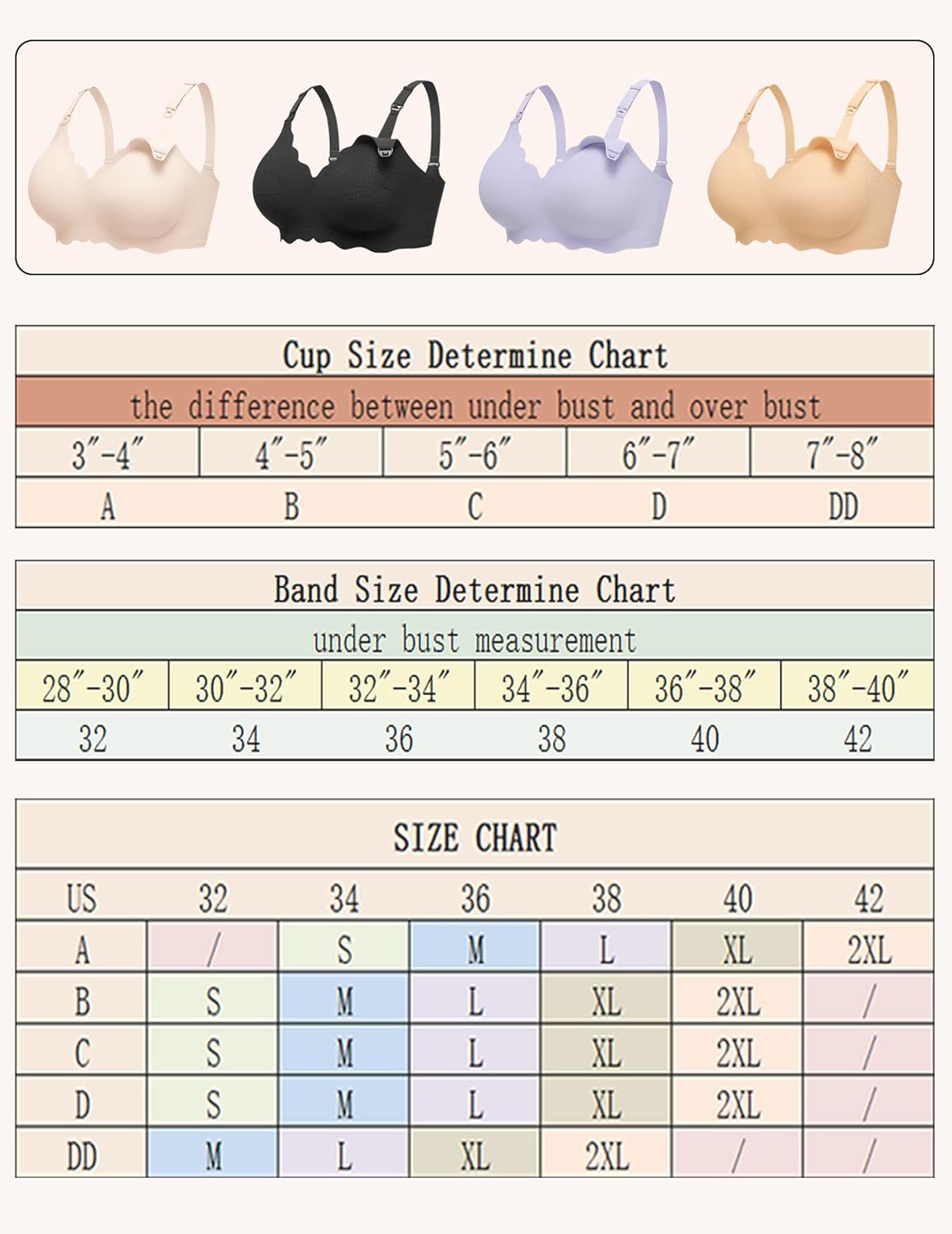 Maternity nursing bra size chart with bra styles in beige, black, purple.