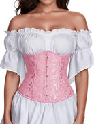 Pink patterned underbust corset top with button front and white off-shoulder ruffle sleeves