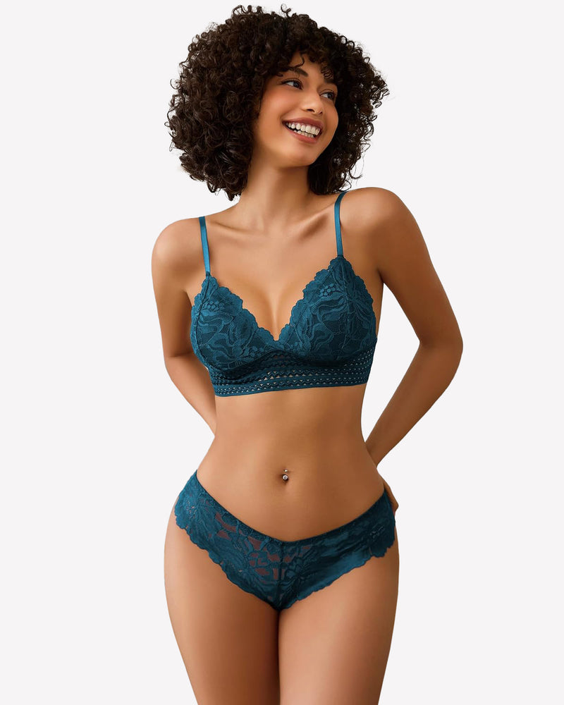 Teal floral lace bralette and panty set with adjustable straps for women