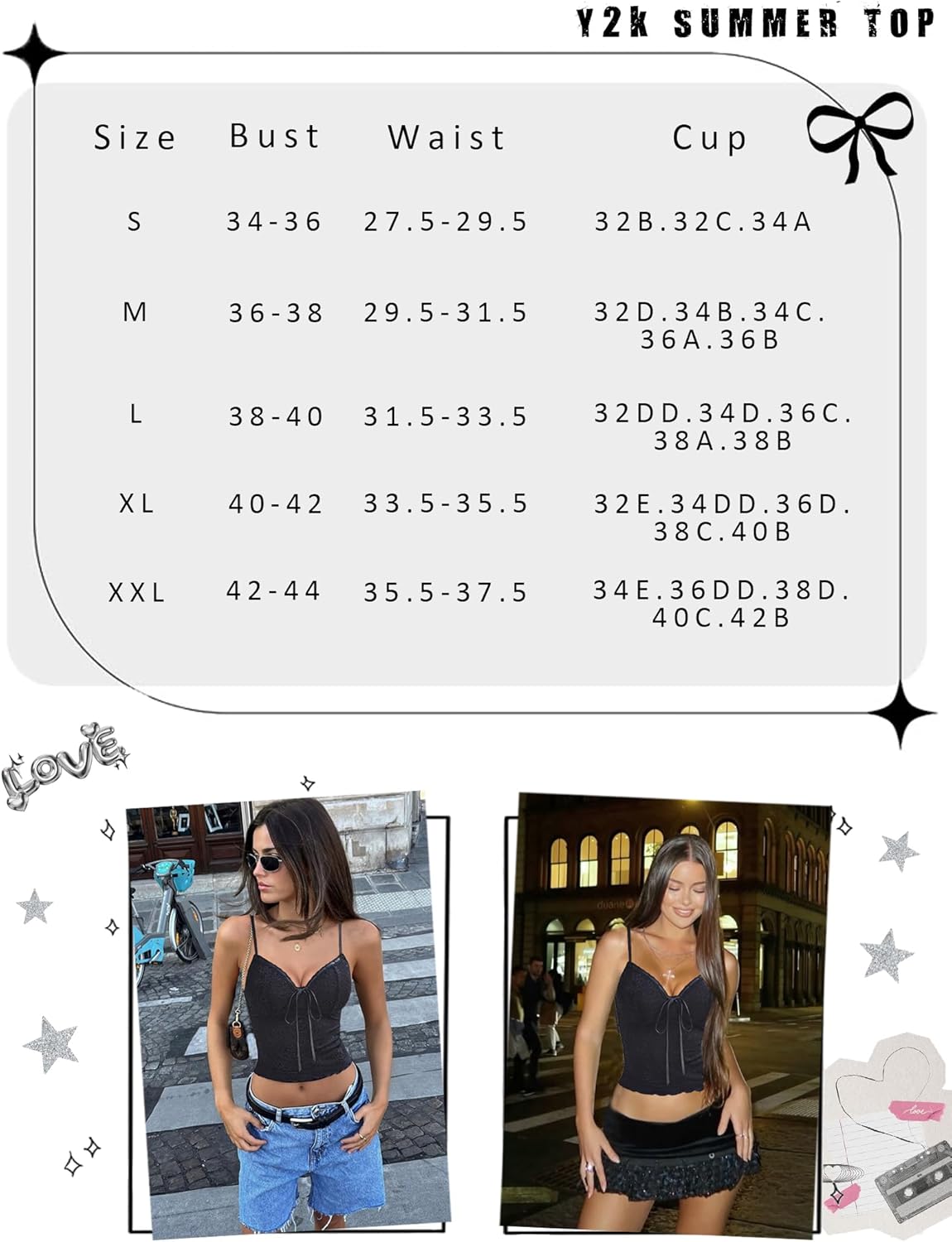 Y2K Summer Top size chart and lifestyle photos. Black lace tank top for women.