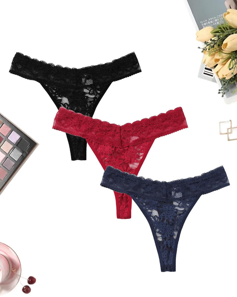 Lace Brazilian panties in black, red, and navy blue. Sexy lingerie with delicate lace.