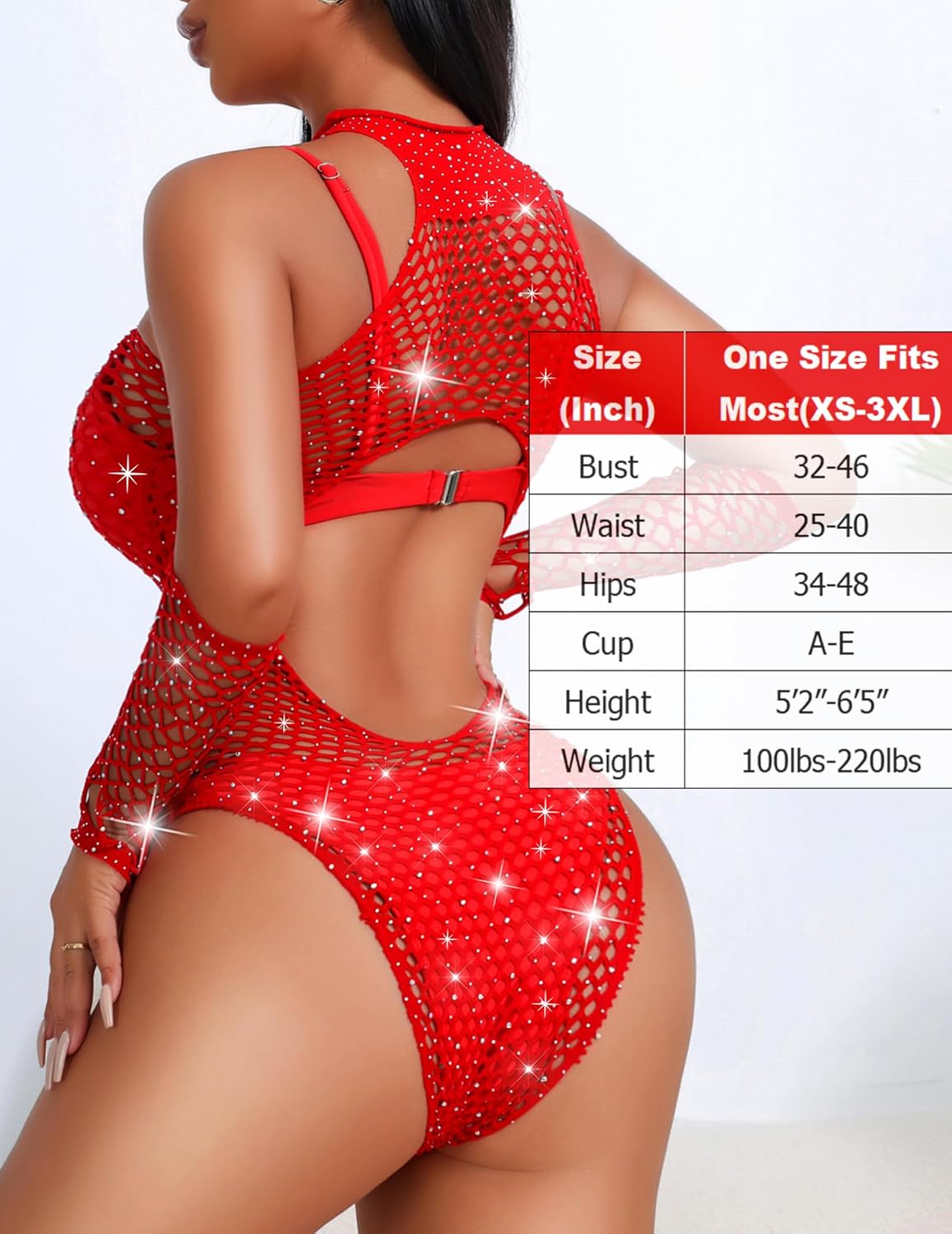 Red rhinestone fishnet bodysuit with size chart. Modern, sexy lingerie designed to enhance beauty.