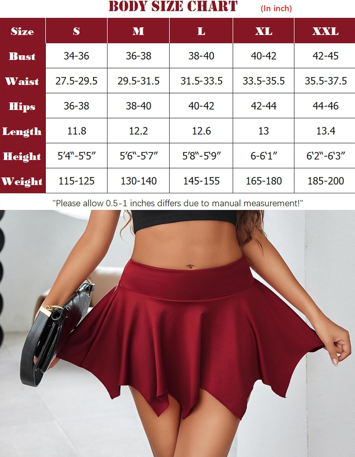 Irregular cut burgundy A-line mini skirt, body size chart for Women. Stretchy fabric, daily wear.