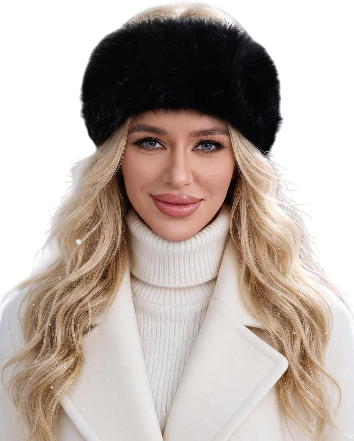 Faux fur headband with elastic, black winter ear warmer for women