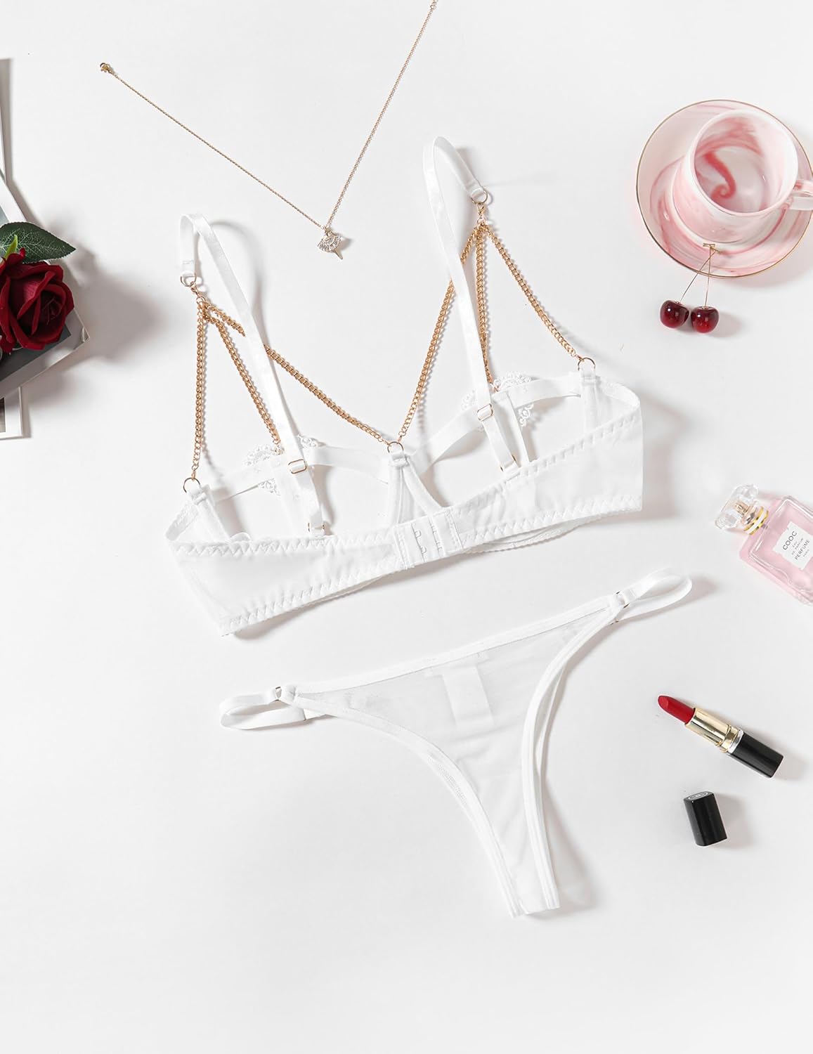 White chain heart cutout lingerie set with gold chain details, ideal for romantic nights