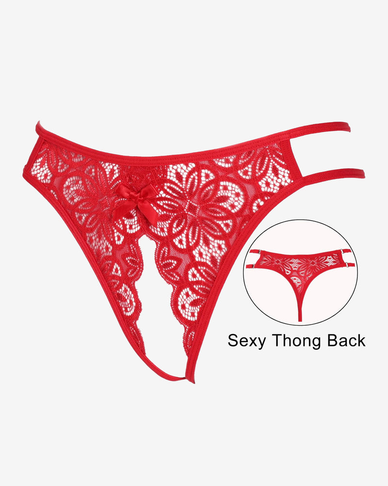 Red floral lace briefs with bow detail and sexy thong back, low-rise design