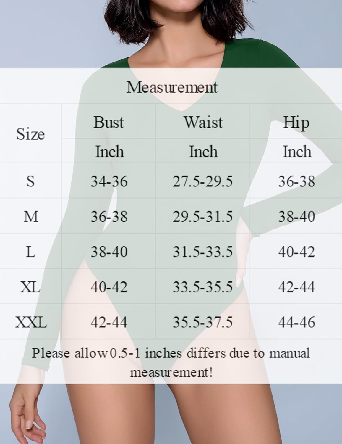 Long-sleeve bodysuit size chart showing bust, waist, and hip measurements for sizes S-XXL in inches.