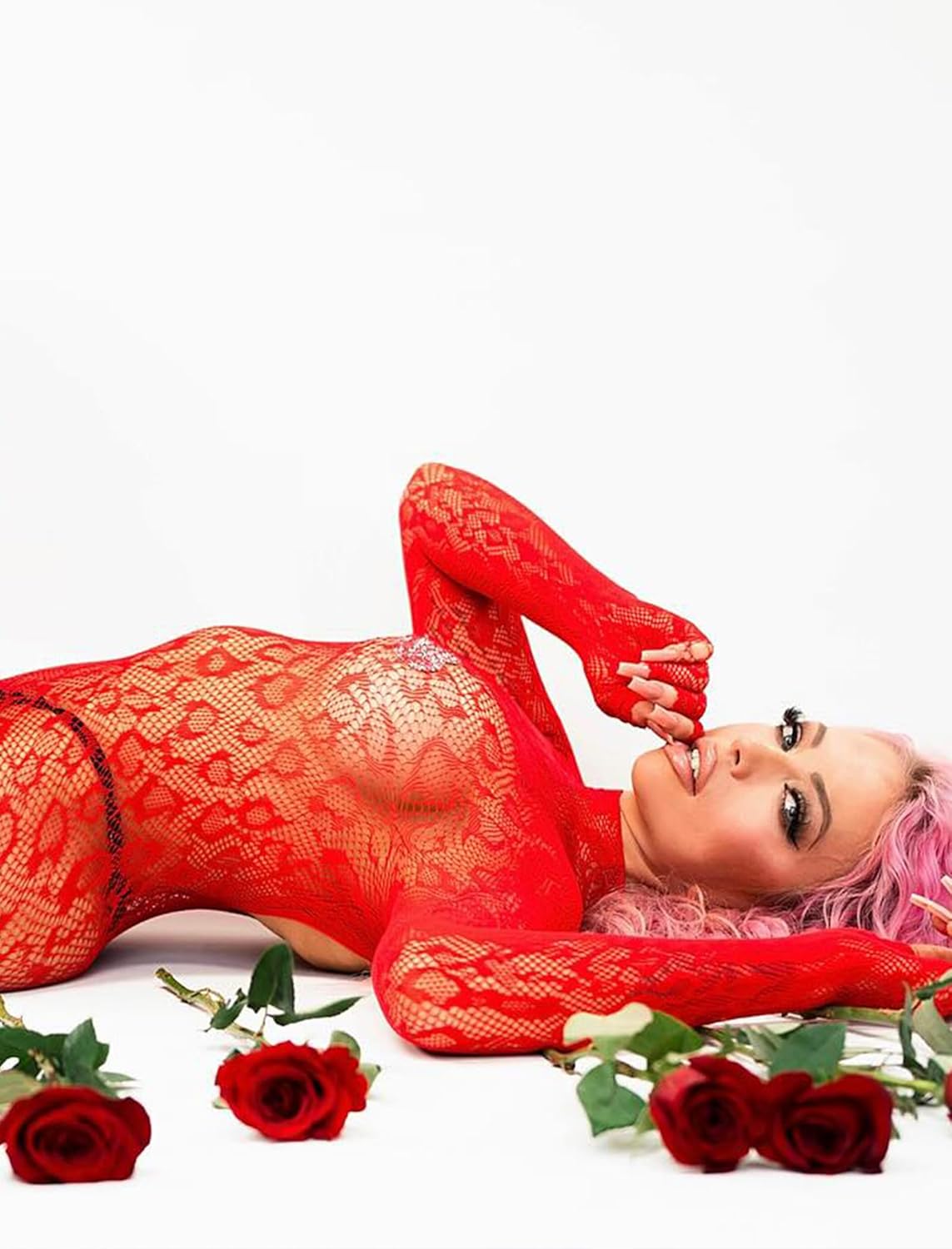 Red snake-skin fishnet bodysuit, perfect for rave parties and date nights. Sexy lingerie.