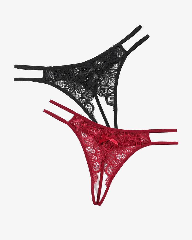 Floral lace briefs in black and red with bow detail. Sexy low-rise thong design. Avidlove lingerie.
