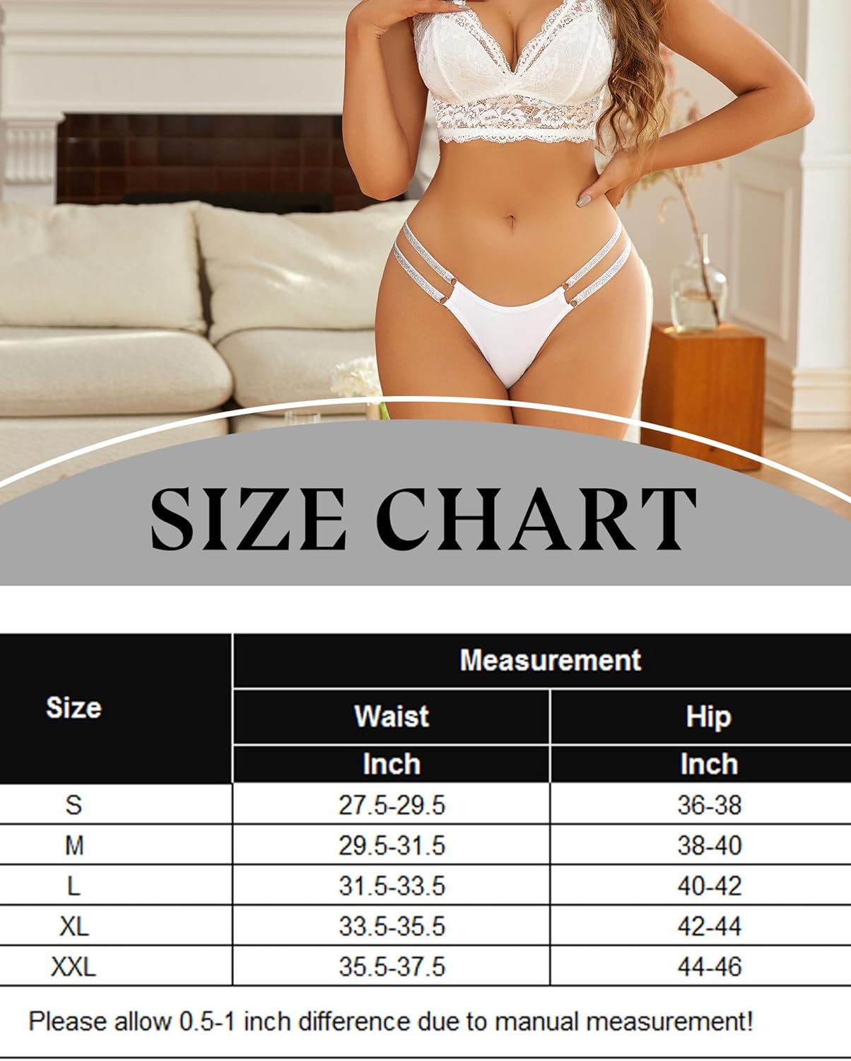 White low waist Brazilian tanga panties with flashing strap details, size chart included