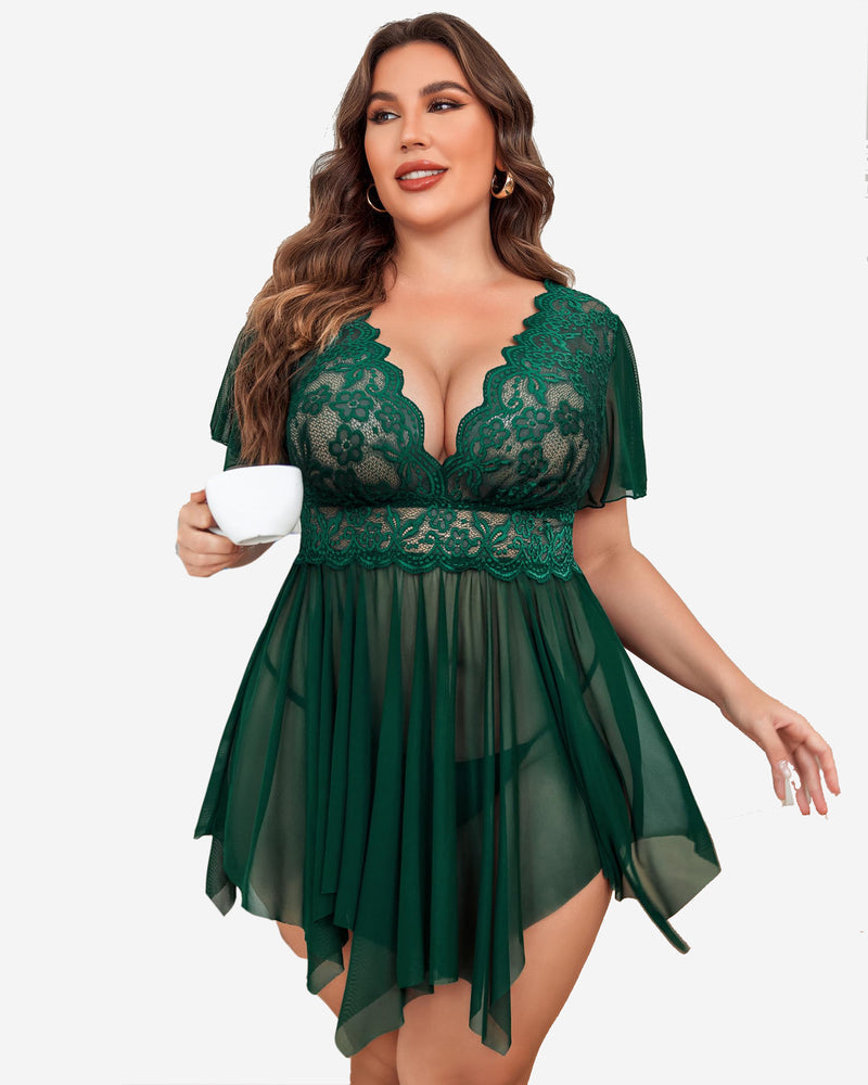 Plus size green babydoll lingerie with lace, deep V-neck, and asymmetrical hem.