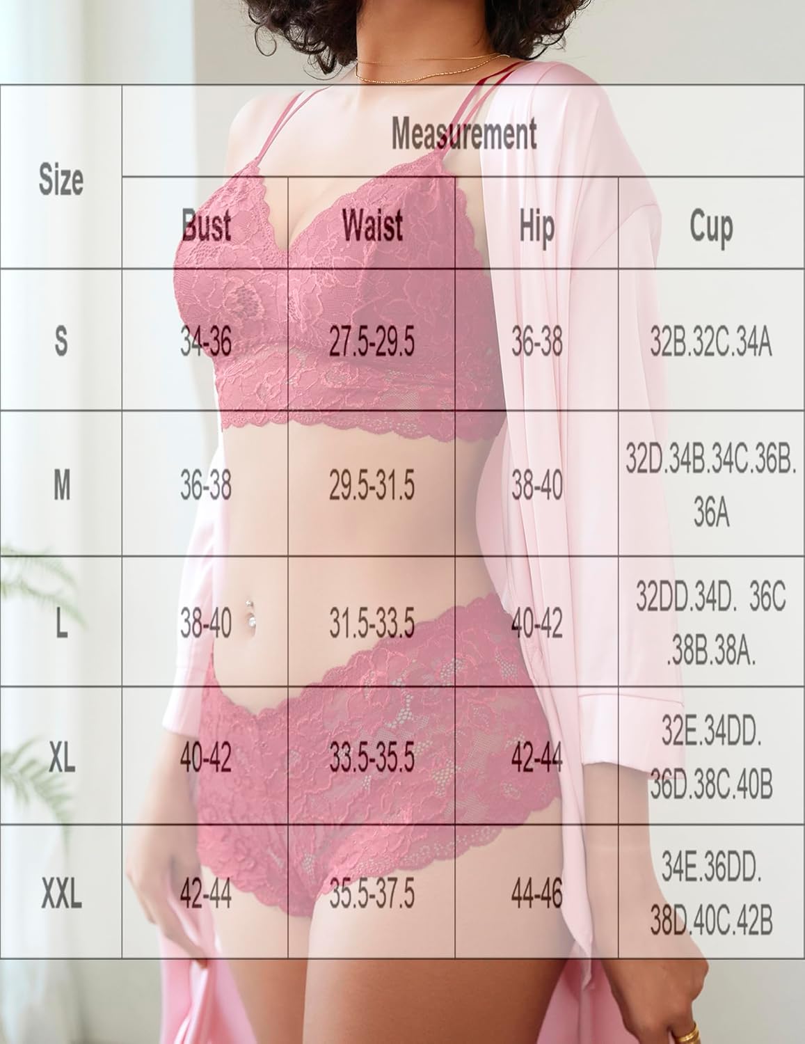 Size chart for pink floral lace bra and panty set, showing bust, waist, hip, and cup measurements.