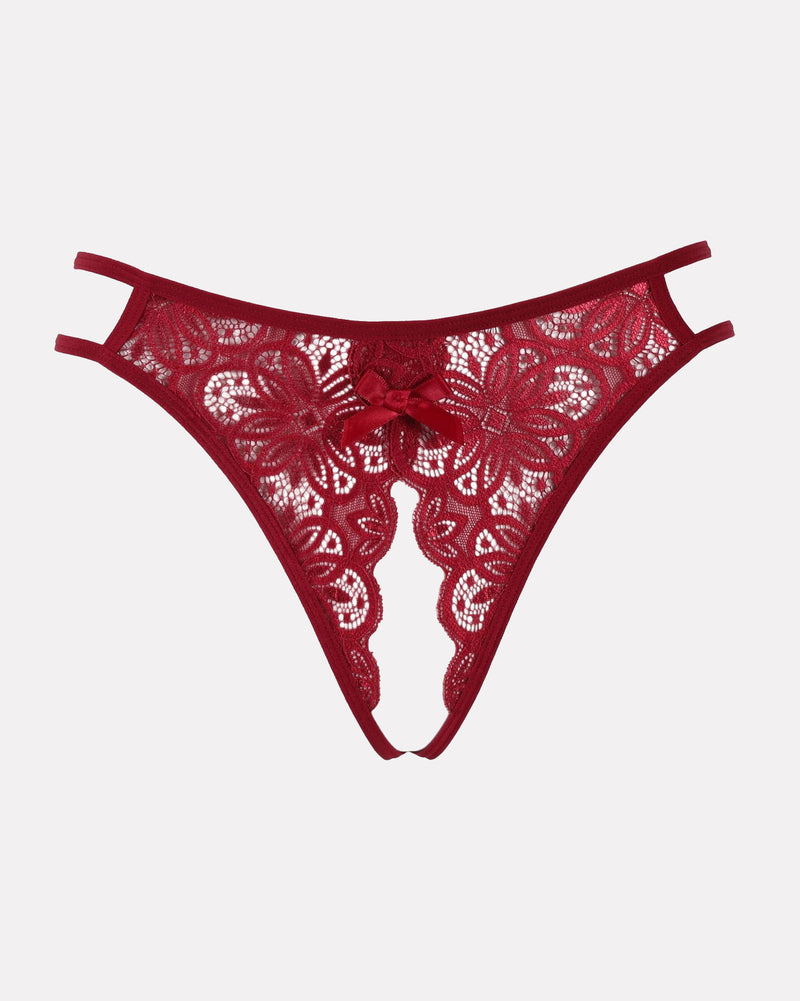 Red floral lace briefs with bow detail. Sexy low-rise design. Avidlove lingerie.