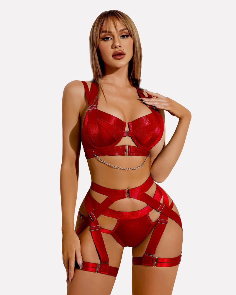 Red lingerie garter set with chain detail, halter bra, and high-waisted straps for women