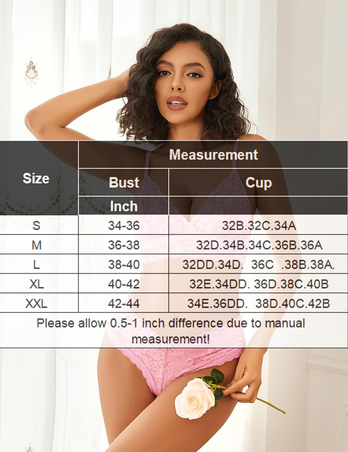 Pink lace bralette and underwear set with size chart, wireless and non-padded lingerie for women
